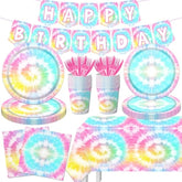 142Pcs Tie Dye Birthday Party Supplies – Colorful Tableware, Banner, Cups & Decor for 20 Guests
