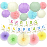 16 Pcs Spring Hanging Decorations With Spring Banner, Pastel Paper Fans, Lanterns & Honeycomb Balls – Spring Decorations For Office, Classroom, Baby Shower, Wedding & Easter Wall Decor