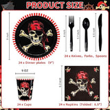 Pirate Party Supplies, Red Pirate Themed Party Decorations Skull Corssbone Pirate Birthday Party Favors For Kids Boys Tableware Set, 9 Inch Paper Plates Napkins Cups Cutlery, Serves 24, 144Pcs
