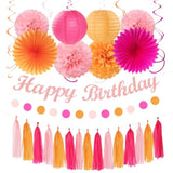 Hot-Pink Orange 21St Happy-Birthday Party-Decorations - 31Pcs Sweet 16 18Th Women Girls Paper Lanterns Streamers Banner,Tissue Pom Poms Fans Tassels Graland Decor,Fall Boho Backdrop Supplies