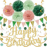 Sage Green Birthday Decorations, Banner, Pompoms, Swirls, Dots Garland, Pennant Flags