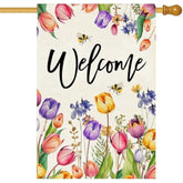Spring Summer Easter Tulip Welcome House Flag Double Sided Bee Colorful Floral Burlap Yard House Seasonal Farmhouse Outside Outdoor Decoration 28 X 40 Inch?Large?