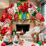 Christmas Balloon Garland Arch Kit, 158Pcs Red Green Gold White Balloons with Xmas Light Bulb Candy Cane Foil Balloon for Christmas Birthday New Year Party Decorations