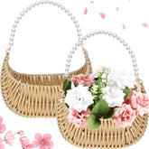 2 Pcs Rattan Flower Girl Basket With Pearl Handle Small Half Moon Wicker Basket For Wedding Flower Girl Picnic Garden Storage And Home Decor