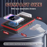 Charging Station For Multiple Devices, 85W 4 Ports Charger Station With Powerful 18W Pd Usb C Ports, 15W Qi Wireless Charger And 3 Usb 5V / 4.8A Charging Ports Compatible With Iphone Ipad, Tablets