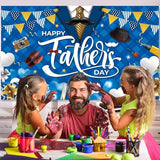 Father's Day Backdrop, Happy Fathers Day Decorations Blue Gold Dad Party Banner Background with Mustache Tools Balloons Gifts Pennants for Photo Booth, 71 x 43 Inch