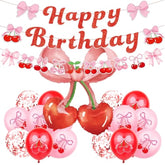 Cherry Theme Birthday Party Decorations Set, 20 Pieces With Banner, Balloons And 42-Inch Bow, Pink And Red