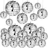 20pcs Silver Mirror Disco Balls – Assorted Sizes Hanging Party Decor for 70s Dance & Events.