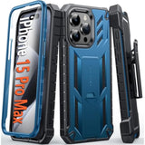 For Iphone 15-Pro-Max Phone Case 6.7", Built-In Screen Protector & Kickstand & Belt-Clip Heavy Duty Military Grade Shockproof Protection Rugged Case - Blue