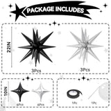 18 Pcs Black Silver Star Balloons, Silver And Black Balloon With 6 Pcs 22-Inch Explosion Star Balloons 12Pcs 10-Inch Four Pointed Stars Foil Balloon For Anniversary Birthday Party Decorations