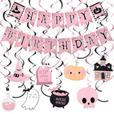 Pink Happy Birthday Halloween Banner with Hanging Swirls for Girls Party Decorations