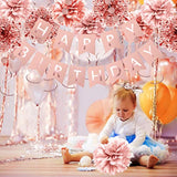 Rose Gold Party Decorations Set - Rose Gold Glittery Happy Birthday Banner, Foil Swirls ,Tissue Paper Pom Poms , Circle Dots Garland For Party Decorations,Girls Birthday