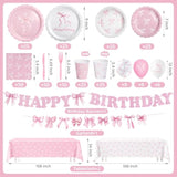 322 Pcs Pink Bow Birthday Decorations (Serves 50), Plates And Napkins Cups Knifes Forks Banner Tablecloth Balloons Bow Theme Tableware For Girls Bachelorette Party Decor