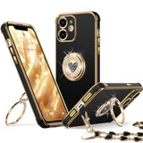 For Iphone 11 Case With Stand, Phone Case With Double Ring Kickstand, Women Girls Bling Luxury Protective Case Heart For Iphone 11, Black
