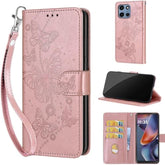 Designed For Motorola Moto G 5G 2025 Case Wallet,Women Flip Folio Cover With Embossed Pu Leather Stand Credit Card Holders Slots Wrist Strap Phone Case For Motorola Moto G 2025 (Rose Gold Butterfly)