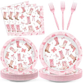 96Pcs Coquette Bow Cowgirl Happy Birthday Party Supplies Western Cowgirl Plates And Napkins Disposable Pink Bowknot Rodeo Tableware Bachelorette For Kids Set Decorations Favors Baby Shower Serve 24
