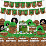 Green And Brown Birthday Party Decorations, 104Pcs Video Game Theme Party Supplies Include Plates, Napkins, Cups, Banner, Balloons, Tablecloth, Cake Toppers And Cupcake Toppers For Party Supplies