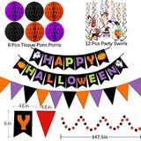 Happy Halloween Banner with Triangle Flags Confetti Garland Honeycomb Balls Streamers Party Decor