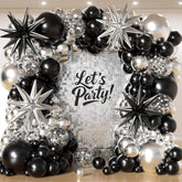 153-Piece Black & Silver Balloon Garland Kit with Stars – Multi-Size Metallic Black, Silver and Confetti Balloons for Parties