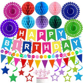Birthday Decorations Colorful Happy Birthday Banner Paper Garland Stars Hanging Swirl Streamers Hanging Paper Fans Honeycomb Balls Cupcake Toppers 32Pcs Party Decorations For Women Men