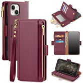 Compatible With Iphone 15 Wallet Case Card Holder?Rfid Blocking? Pu Leather Phone Case Women Men Flip Protective Cover Wrist Strap Zipper Credit Card Slots,For Apple 15 6.1",Wine Red