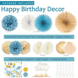 Dusty Blue Beige Champagne Women Birthday Decorations, Boho Neutral Boys Girls Blue Party Décor With Fog Cream Gold Balloons,Happy Banner Garland,Paper Lanterns, Honeycomb Tissue Pom Poms For Adults