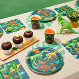 144-Piece Dinosaur Birthday Party Decorations Set With Plates, Cups, Napkins & Cutlery - Serves 24 - Green & Blue Dino Fossil Paper Plates & Cups - Disposable & Easy Cleanup