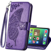 For Iphone 16 Pro Max Phone Case Wallet,Women Flip Folio Cover With Credit Card Holders Emboss Butterfly Flower Pu Leather Purse Wrist Strap Kickstand Case For Men Girls Purple