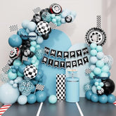 Race Car Balloon Garland Arch Kit – Dusty Blue & Black Balloons With Banner, Checkered Balloons & Flag For Two Fast, Cars, Or Race Car Birthday Party Decorations