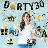 30Th Birthday Banner & Hanging Swirls, Glitter Gold & Black, Happy 30Th Dirty Birthday Decorations For Him & Her, 30 Years Old Party Supplies