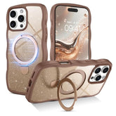 For Iphone 16 Pro Case With Stand, Clear Crystal Glitter Cute Curly Wavy 16 Pro Phone Case Compatible With Magsafe, Magnetic Ring Kickstand Shockproof Anti-Slip Cover, Desert Titanium