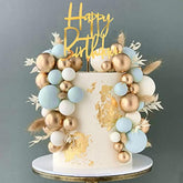 Blue Boho Cake Topper Set – Blue/White/Gold Pearl Balls for Birthday & Baby Shower