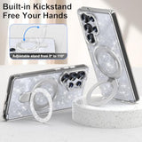 Silver glitter Galaxy S25 Ultra case with kickstand, bracelet, and shockproof design.