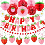 Strawberry Birthday Decorations For Girls, Red Pink White Strawberry Birthday Banner With Tissue Pom Poms Fans Honeycomb Balls Polka Dot Garland And Hanging Swirls Berry Hanging Decor Centerpieces