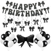 Black Bow Party Decorations, Coquette Birthday Decorations Includes Happy Birthday Banner,Hanging Swirl, Foil Balloon,Black White Latex Balloons,Bow Party Decorations