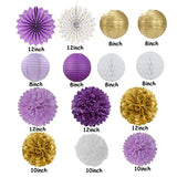 Purple-Gold Party Decorations Streamers Lanterns - 14pcs White Lavender Paper Fan Graduation Woman Birthday Wedding Bridal Shower Tissue Pom Poms,Honeycomb Balls Valentines day Decor