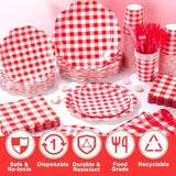 400 Pcs Gingham Party Supplies For 50 Guests Red And White Paper Plates And Napkins Knives Spoon Fork Cup Disposable Checkered Dinner Party Set Cutlery For Baby Shower Wedding Favor