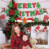 Pre-Strung Glitter Merry Christmas Banner For Christmas Decorations, With Santa Hat, Christmas Tree, Reindeer, Snowflakes, And Gingerbread Man, Christmas Party Supplies, Green