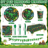 177 Pcs Dinosaur Birthday Party Supplies, 25 Guest Dinosaur Theme Tableware Set Includes Dino Plates, Cups, Napkins, Cutlery, Tablecloth, Banner, Dino Party Decorations For Boys Birthday