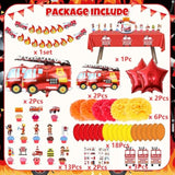 Fire Truck Theme Party Supplies Set : Decorations With Happy Birthday Banner , Table Covers , Foil & Latex Balloons . Cake Topper , Paper Pom , Firefighter Tattoo Sticker . Perfect For Kids Party !