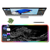3-1 Wireless Charging Mouse Pad 15W, Japanese Sea Wave Desk Pad,Rgb Gaming Mousepad With Wireless Charger For Iphone/Airpods,Large Desk Mat,14 Light Modes,Magnetic Charging, Long Desk Pad,31.5"X11.8"
