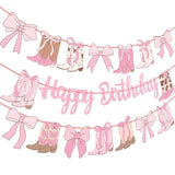 3Pc Coquette Cowgirl Birthday Banners Pink Glitter Boots & Bows Western Decor