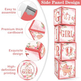 4Pcs Pink Rose Gold Baby Shower Decorations Balloon Boxes For Girls, Floral It'S A Girl Gender Reveal Baby Blocks Boxes Party Supplies, Baby Girl Pregnancy Announcement Cardboard Box Decor
