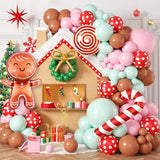 Gingerbread Balloon Arch Kit, 115 Pcs Pastel Pink Christmas Party Decorations with Pink Green and Red Latex Candy Cane Gingerbread Man Balloons Foil for Christmas Cookie Xmas New Year Party Supplies