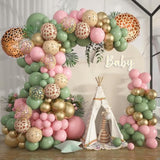 170Pcs Jungle Safari Balloons Garland Arch Kit Animal Printed Pink Sage Green Balloons Wild One Giraffe Leopard Safari Baby Shower Decorations For Girl Birthday Party Supplies