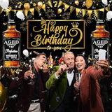 Whiskey Birthday Party Decorations, Aged To Perfection Banner Backdrop, Black And Gold Happy Birthday Banner For Men, Party Supplies