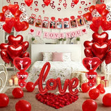 Red Valentines Day Decorations Set with I LOVE YOU Banner and Balloons, Photo Banner,Heart Hanging Decor and Red Heart Balloons with Rose Petals for Weddings,Valentine's Day and Anniversaries
