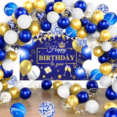 63pcs Blue & Gold Happy Birthday Balloons Set with Banner Photo Backdrop