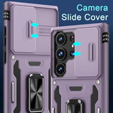 Case For Samsung Galaxy S24 Ultra With Slide Camera Cover+Screen Protector (1 Pack), Rotated Ring Kickstand Military Grade Shockproof Protective Cover-Deep Purple