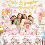 Little Pumpkin Baby Shower Decorations,198Pcs A Little Pumpkin Is On The Way Baby Shower Plate And Napkins Cups Tablecloth Cake Topper Honeycomb Balloon Fall Baby Shower Decorations For Girl ,Serve 24